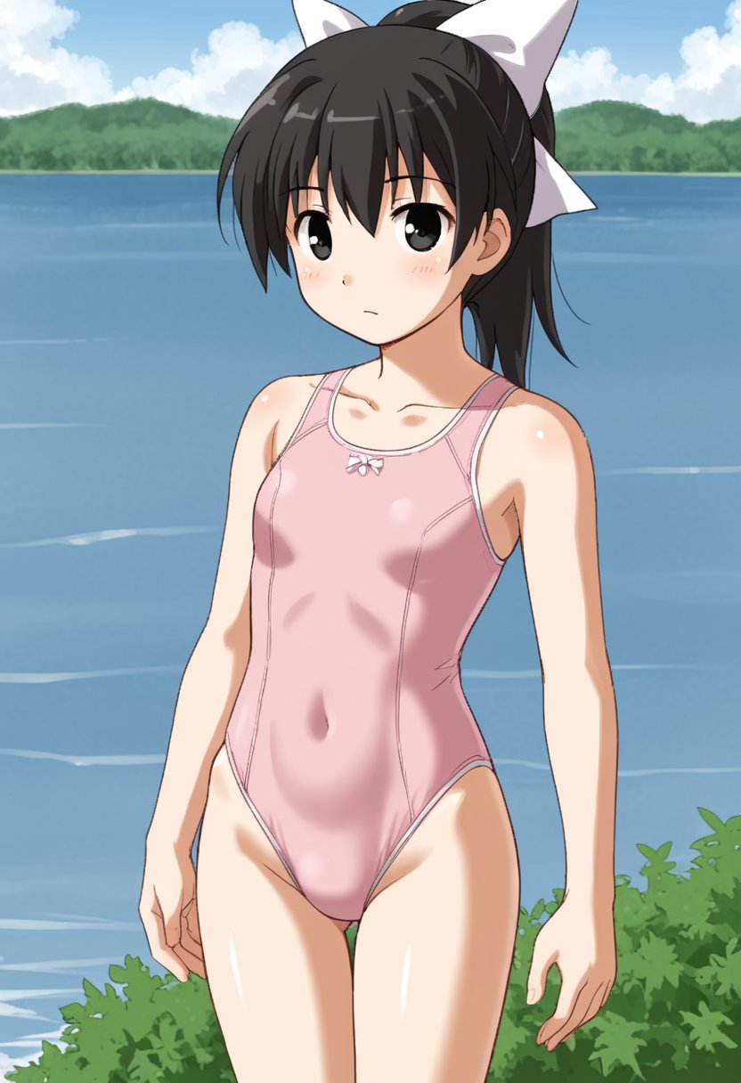 1girl, solo, tsubasadtkw, black hair, black eyes, ponytail, white bow, hair bow, pink swimsuit, one-piece swimsuit, casual one-piece swimsuit, outdoors, lake, standing, cowboy shot, looking at viewer,