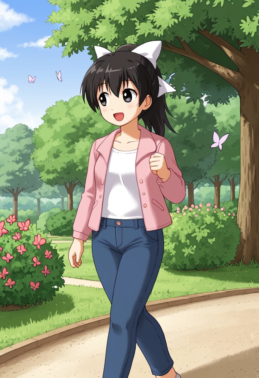 1girl, solo, tsubasadtkw, black hair, black eyes, ponytail, white bow, hair bow, pink jacket, white shirt, jeans, walking, outdoors, garden, trees, butterflies, looking away, open mouth, smile