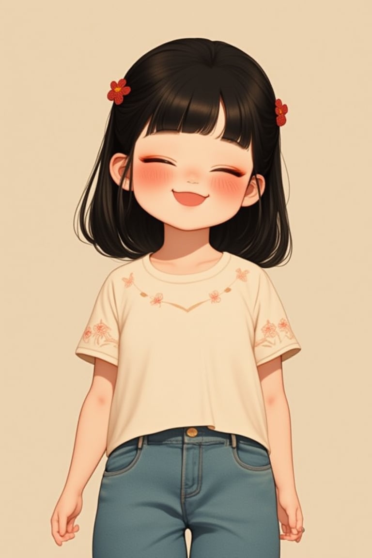 fluffy_cheek, smiling girl with straight black hair in a half-up style, wearing a stylish blouse with subtle embroidery and comfortable jeans. She stands facing the viewer, her eyes closed, with a bright grin.