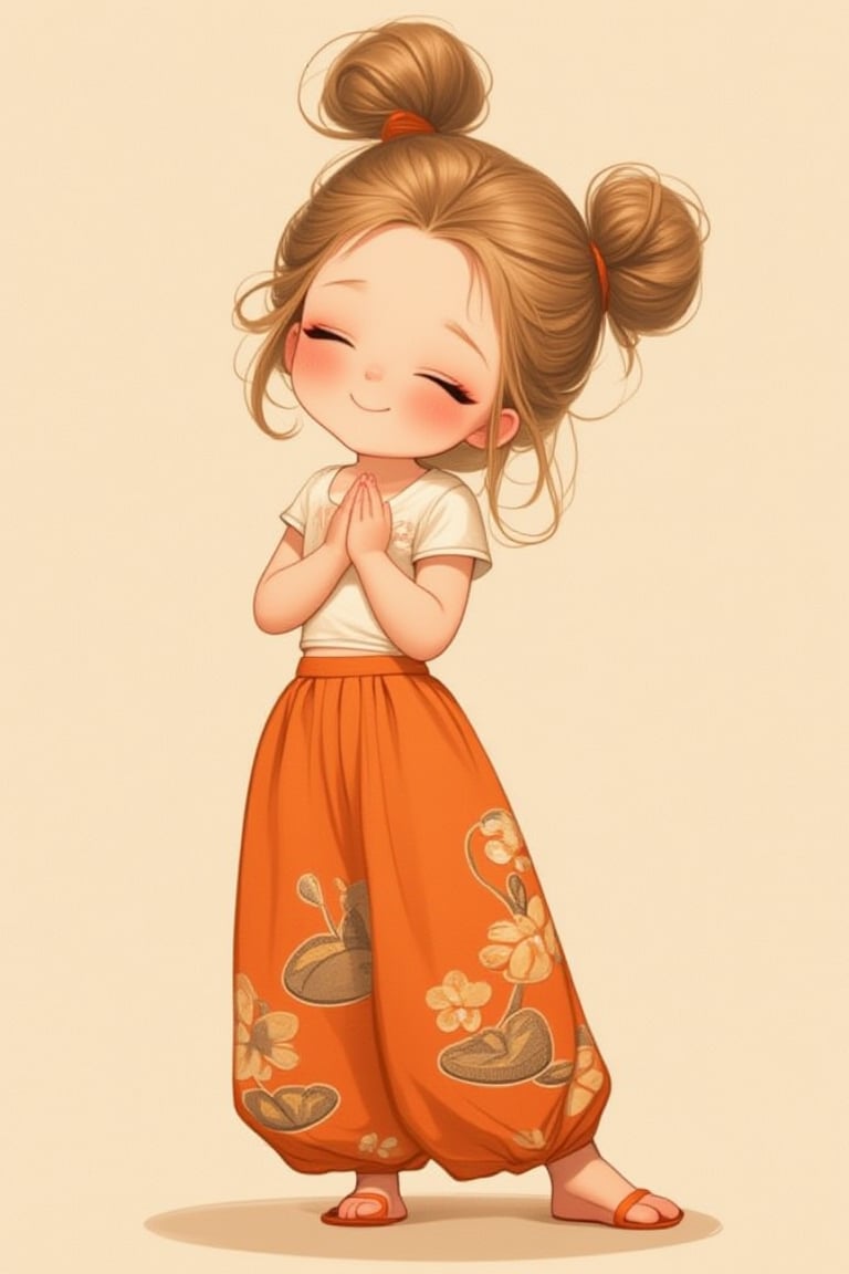 fluffy_cheek, delighted girl with light brown hair in a messy bun, dressed in a modern crop top paired with flowy trousers featuring a traditional design. She beams at the viewer, eyes closed, with hands clasped in front of her.