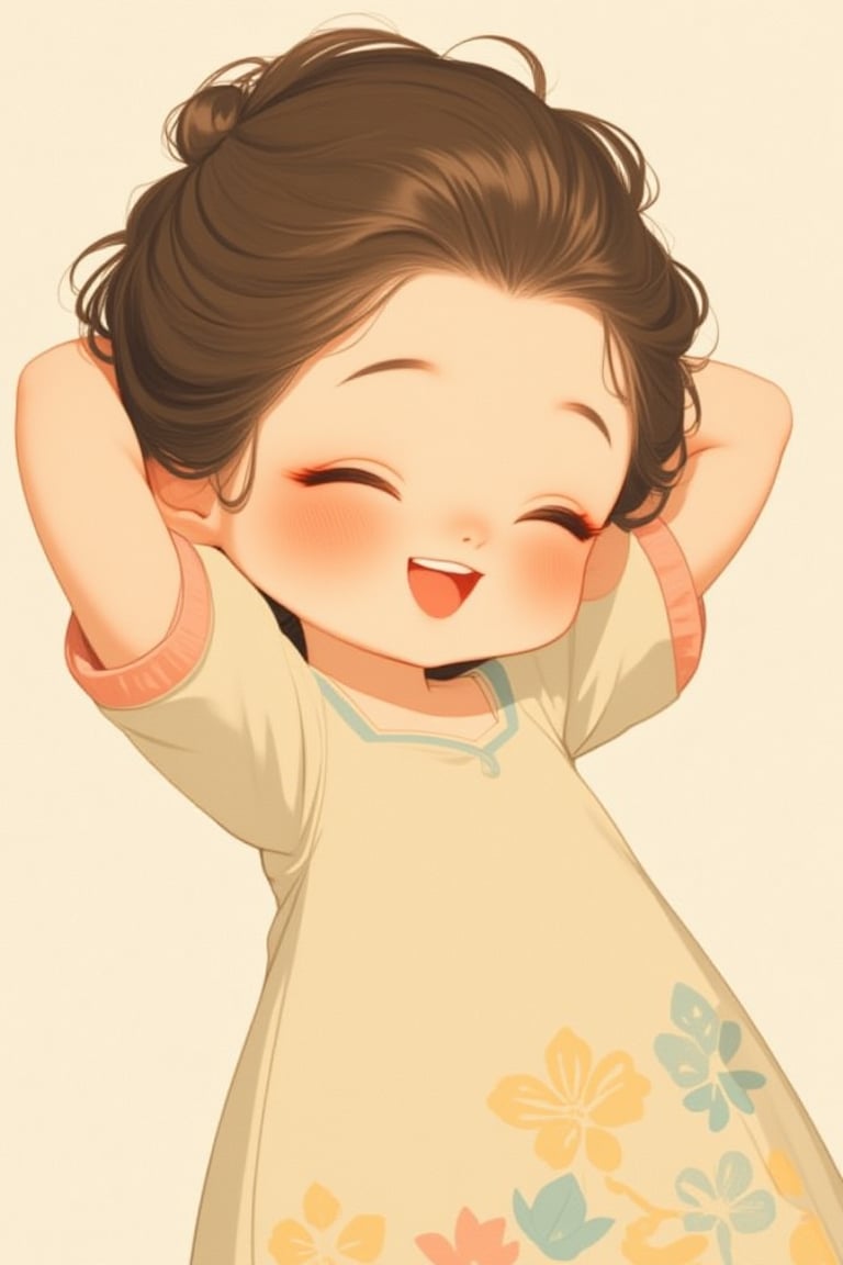 fluffy_cheek, joyful girl with wavy hair in a low bun, dressed in a simple dress with a traditional print. She poses with her eyes closed and hands behind her head, showing a big smile.