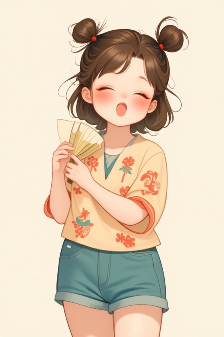 fluffy_cheek, cheerful girl with shoulder-length hair in a messy bun, dressed in a casual blouse with a traditional pattern and shorts. She faces the viewer with her eyes closed and a joyful smile, holding a small fan.