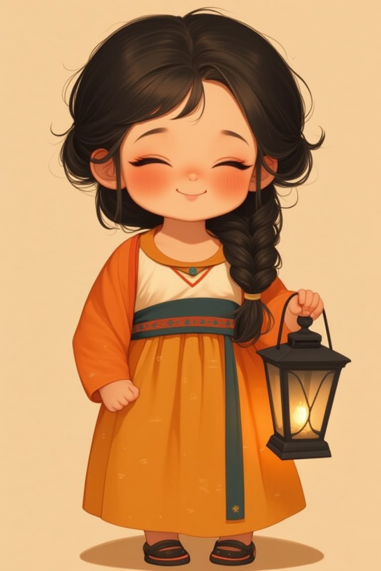 fluffy_cheek,  cheerful girl with dark hair in a braid,  wearing a simple tank top with a traditional shawl draped over he...