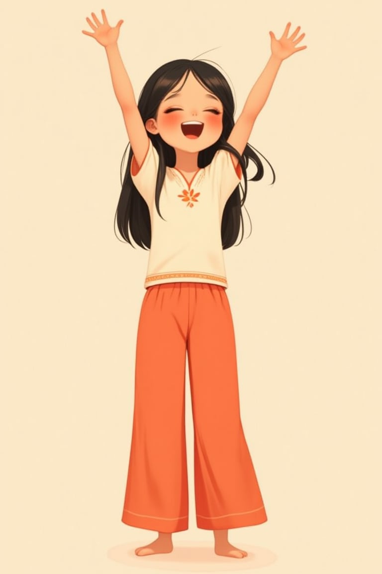 fluffy_cheek, delighted girl with long straight hair, wearing a simple tee with a traditional design and palazzo pants. She stands with her eyes closed, hands raised in excitement, showcasing a big smile.