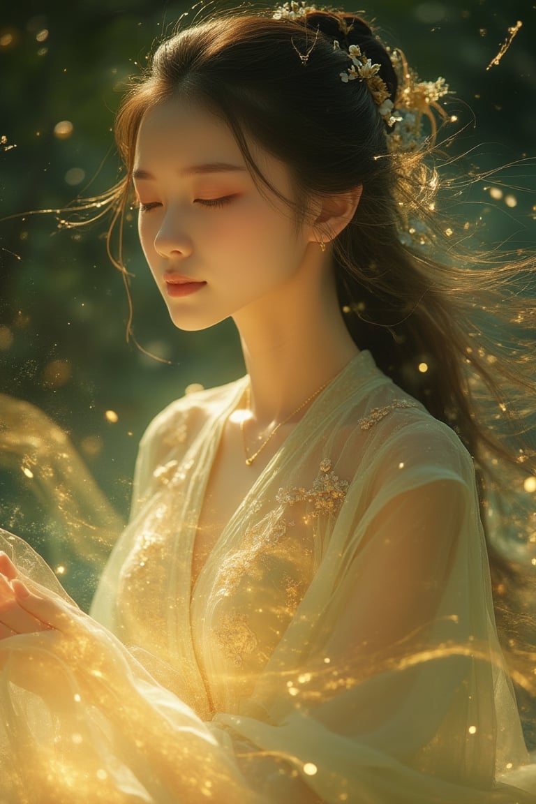 Close-up portrait of a Chinese girl in a flowy dress, illuminated by soft, warm lighting. The composition focuses on her serene expression and the delicate fabric of the dress, with the light gently highlighting her features and the flowing movement of the dress. The background is slightly blurred, drawing attention to the girl's graceful presence. The overall mood is elegant and tranquil.