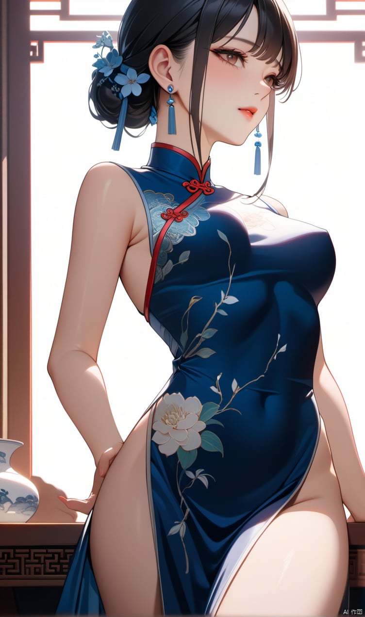 1girl, solo,Chinese cheongsam, cheongsam,
(masterpiece, 8K, high quality,
highres, ultra-detailed,  absurdres, best quality, detailed), sidelighting, lustrous skin,