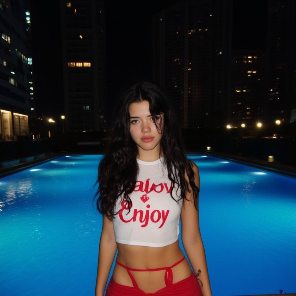 Vanessa Reinhardt V3 , Create an image of a young woman standing outdoors by a swimming pool at night. She has long, dark hair and is wearing a cropped, sleeveless white top with red lettering that reads 'Thank You, Enjoy,' and red bikini bottoms visible under unbuttoned pants. The pool is illuminated with blue lights, creating a soft glow against the dark night sky. Modern apartment buildings are visible in the background, and the overall mood is casual yet vibrant, with contrasting dark and light elements from the night setting and pool lighting.