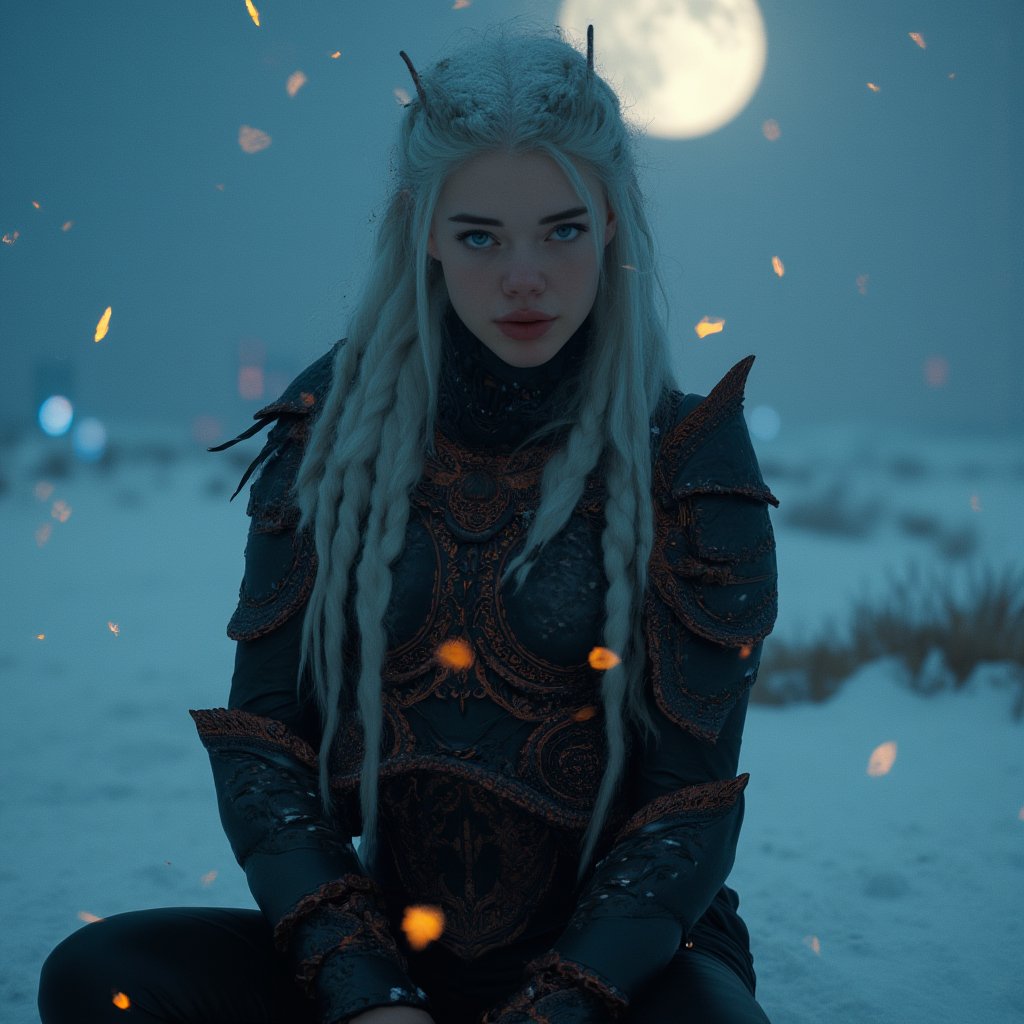 Vanessa Reinhardt V3 , Full body potrait, hyperrealistic detail, Rendered in a fusion of photorealism and digital surrealism, Beautiful surreal high fantasy portrait, A Female warrior with dark, ashen skin and long, long silver-white hair, intricate braids, black Armor and clothes, facing the viewer stands amidst  snowflakes, ethereal and otherworldly presence, with sharp, elf-like ears and adorned in elaborate, dark armor with detailed engravings and metallic patterns. 
Her expression is somber and introspective as she sits quietly, her eyes are silver, in a cold and desolate landscape under a dim, moonlit sky. 
Her armor is very detailed with decorations, giving her an air of nobility,  Real sharp photo, snowing, snowflakes in the air, blurred background, rose gold minerals, shiny aura, highly detailed, Kirnan Shipka, Januz Miralles, Hikari Shimoda, glowing stardust by W. Zelme.  The overall effect is breathtaking and truly captivating,  shimmering skin that glows like the night sky, long, hair adorned with tiny, glowing stars, deep, cosmic eyes, ethereal  hues, mysterious and enchanting expression, dreamlike and mystical atmosphere,  RAW candid cinema, 16mm, color graded portra 400 film, remarkable color, ultra realistic, textured skin, remarkable detailed pupils, realistic dull skin noise, visible skin detail, skin fuzz, dry skin, shot with cinematic camera, detailed skin texture, (blush:0.2), (goosebumps:0.3), subsurface scattering, fluxenh4nce