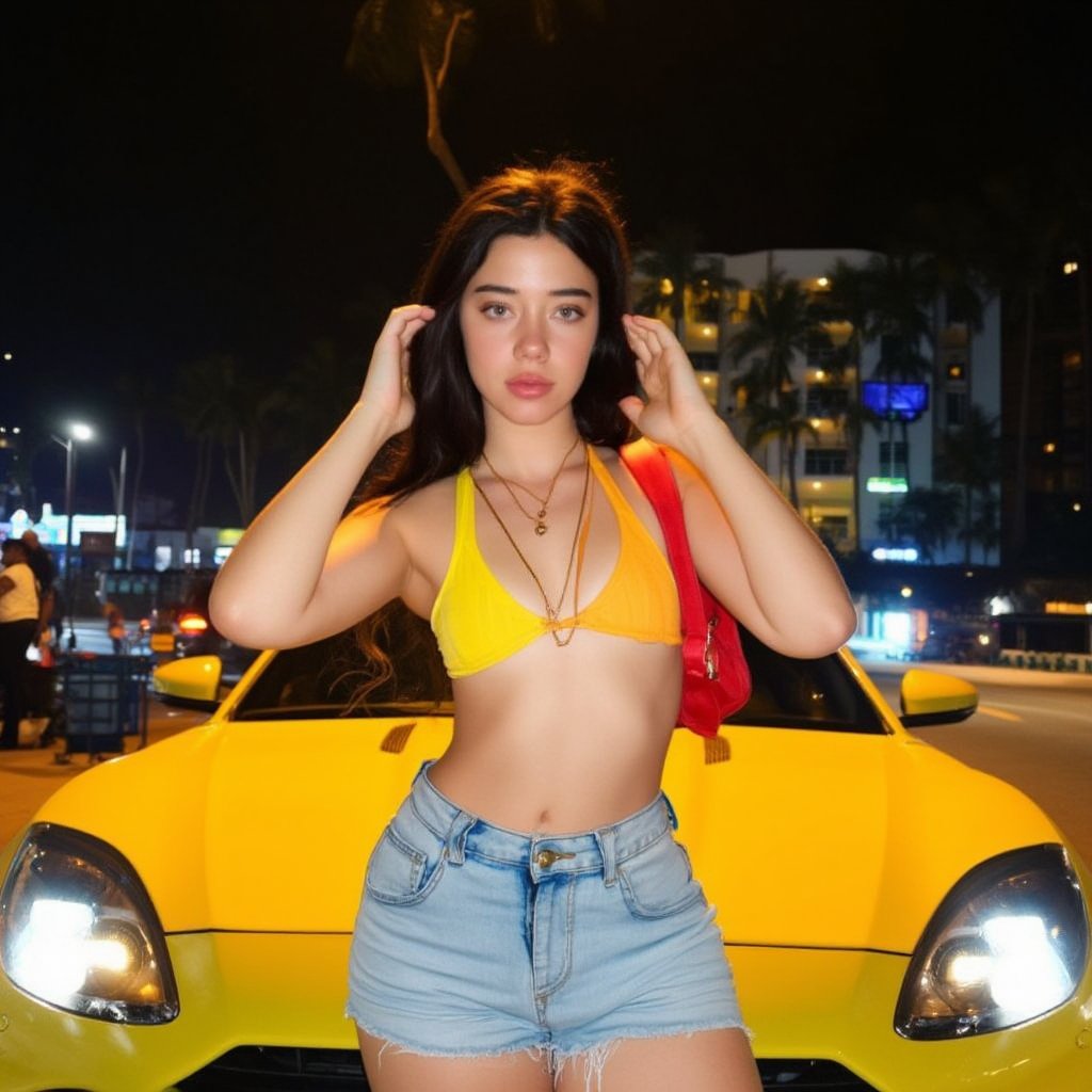 Vanessa Reinhardt V3 , The image shows a young woman standing outdoors at night, posing in front of a bright yellow sports car. She is wearing a casual yet stylish outfit: a yellow bikini-style top and light blue denim shorts. She accessorizes with layered necklaces and a red handbag over her shoulder. Her hands are casually placed on the sides of her head, giving her a relaxed, confident pose.

The camera angle is frontal, with the palm trees and neon-lit street of a tropical urban environment in the background. The lighting focuses on her, likely from the streetlights, giving the scene a vibrant nighttime atmosphere. The setting includes a busy street with cars and buildings, enhancing the energetic, lively mood of the photo.

The overall vibe is youthful, casual, and fun, with a blend of fashion and a luxurious lifestyle.