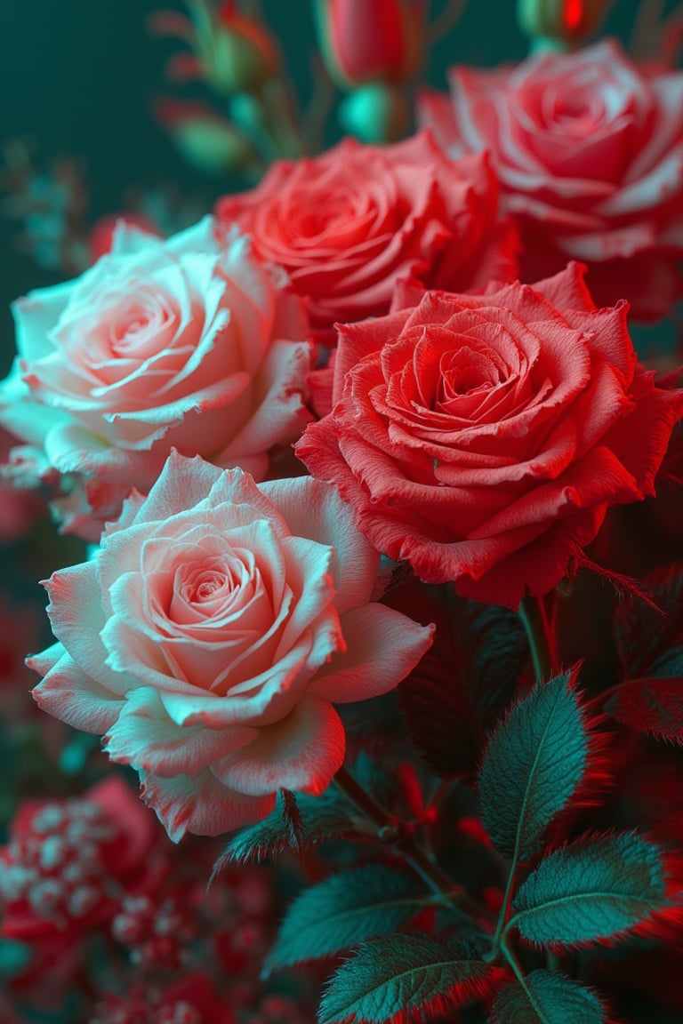 Anaglyph effect, close-up of roses, 3D glasses, hyper-realistic, detailed petals, soft lighting, intimate shot, vibrant colors, depth perception, high contrast, sharp focus, natural beauty, floral arrangement, lush greenery, surreal atmosphere, modern aesthetic, digital art.