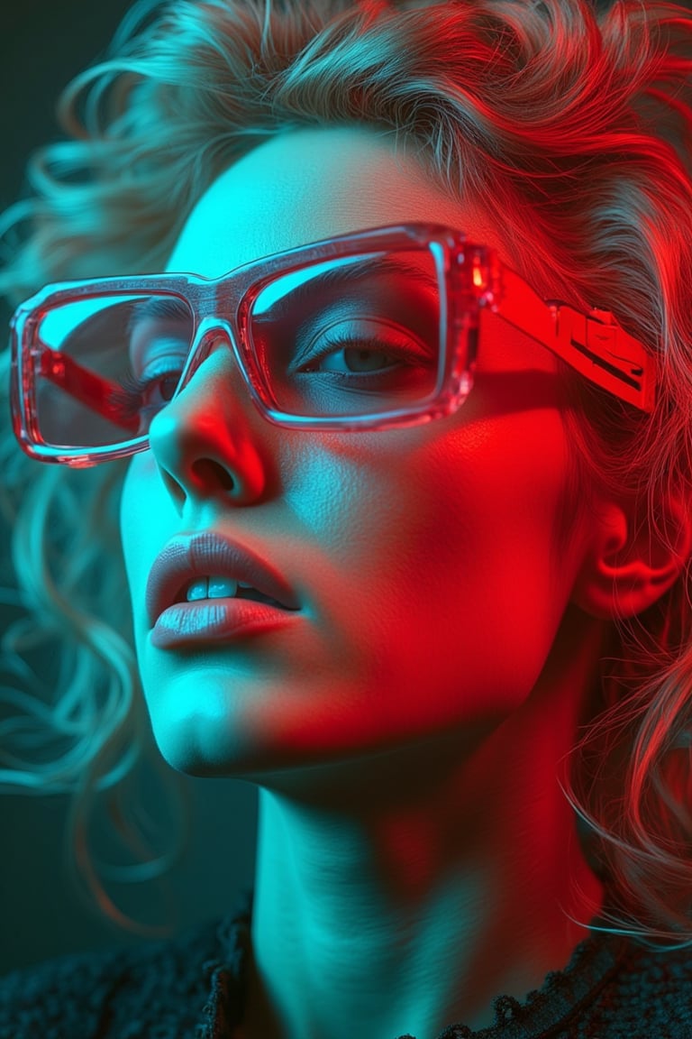 Anaglyph effect, a woman's face, 3D glasses, hyper-realistic, detailed facial features, soft lighting, close-up shot, symmetrical composition, neutral expression, vibrant colors, slight depth perception, digital art, futuristic vibe, surreal atmosphere, high contrast, sharp focus, modern aesthetic.