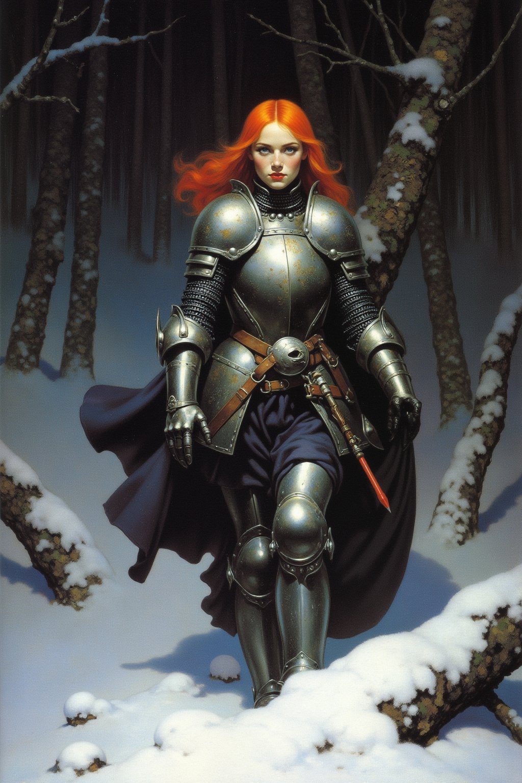 Frank Frazetta fantasy oil painting,  a young woman with pale skin and bright red hair, wearing heavy steel knight armor, in a snowy dark forest