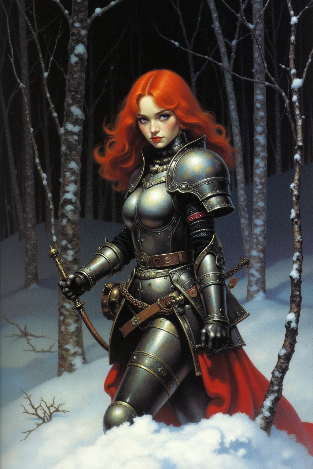 Frank Frazetta fantasy oil painting,  a young woman with pale skin and bright red hair, wearing heavy steel knight armor, in a snowy dark forest