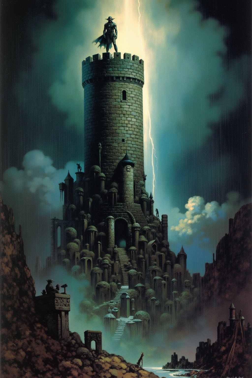 Frank Frazetta surreal fantasy oil painting of  a huge foreboding tower made of onyx bricks, heavy rain and storm clouds in the background, flashing lightning backlit tower, ominous shadow of a figure on top of the tower