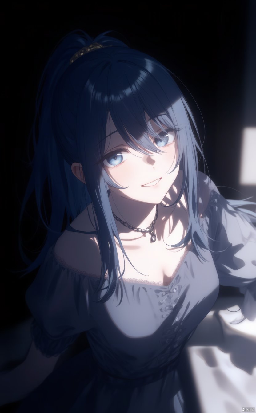 An animated image of an anime girl with long dark hair and light blue eyes. She is wearing a gray dress with a black necklace around her neck. Her hair is pulled back in a ponytail. Her eyes are a piercing blue color. She has a slight smile on her face. The background is dark and there is a shadow on the right side of the image.