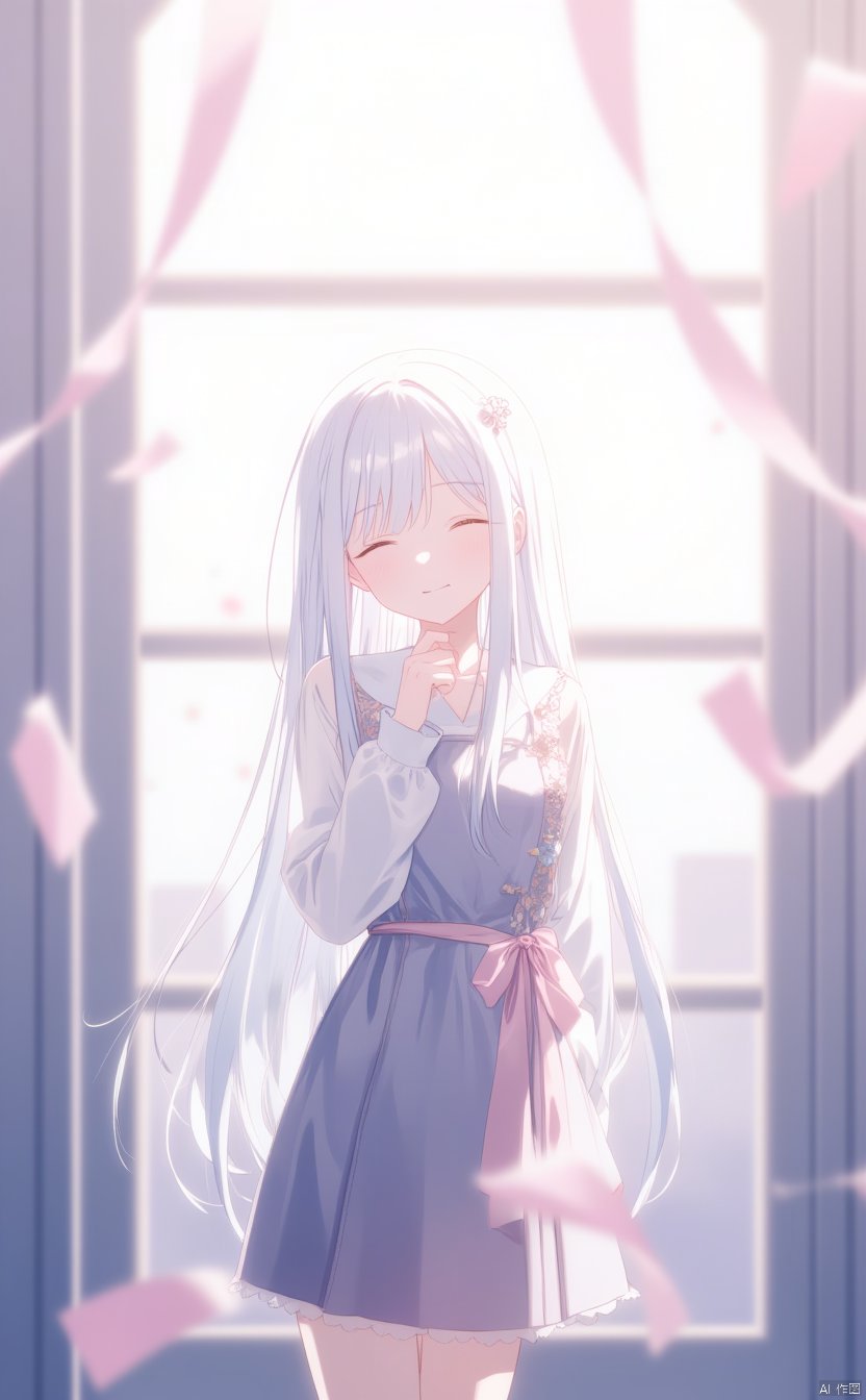 An anime girl with long white hair is standing in front of a window. She is wearing a gray and white dress with a pink belt around her waist. There are pink ribbons hanging from her head. There is a pink ribbon hanging from the window behind her.