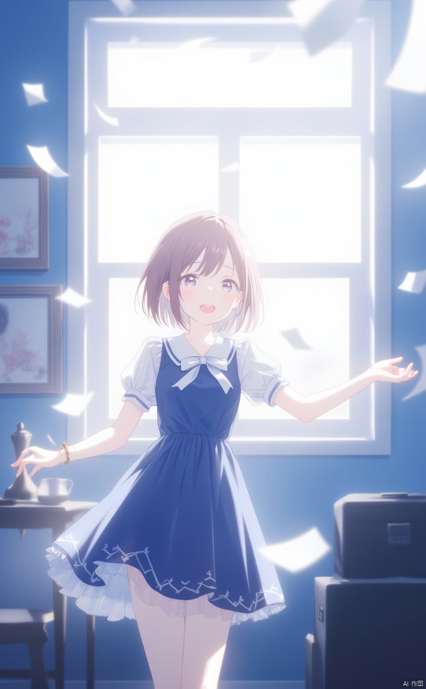 An animated image of a girl in a blue and white dress. The girl is standing in front of a window with her arms outstretched. She is wearing a white bow tie around her neck. Her hair is short and brown. There are white papers flying in the air around the girl. There is a blue wall behind the girl and a black box on the floor to the right of the window. Two framed pictures are on the wall to the left of the image.