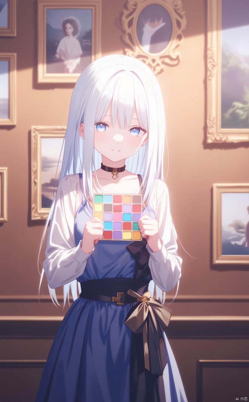 An animated image of a girl with long white hair and blue eyes. She is standing in front of a brown wall that has four pictures on it. The girl is wearing a blue dress with a black belt and a gold bow on her waist. She has a black collar around her neck. Her hair is tied back in a ponytail and she is holding a square game board in her hands. The game board is made up of different colored squares.