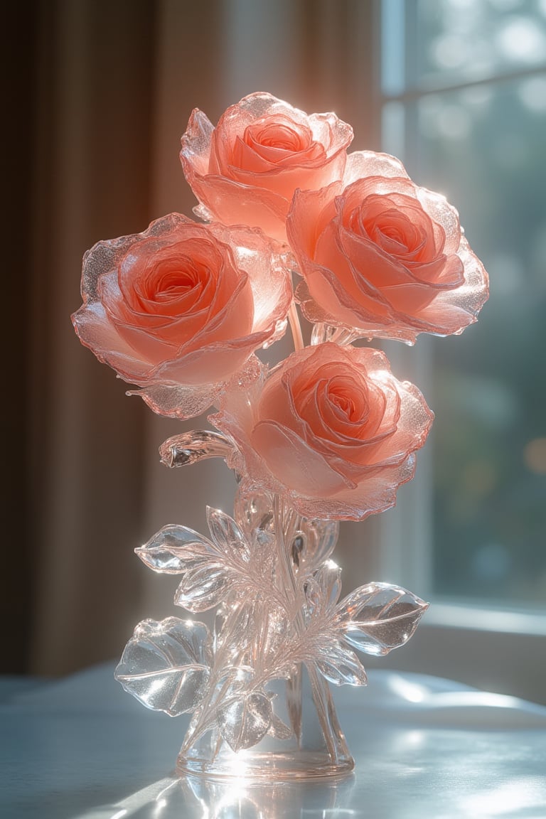 A stunning scene featuring a crystal glass sculpture of a bouquet of roses, bathed in soft, radiant lighting. The roses are intricately detailed, with a vibrant and lifelike appearance. The composition is centered, with the roses arranged in a natural, flowing manner, creating a sense of elegance. The background is softly blurred, focusing attention on the crystal glass figure, which is illuminated from behind, enhancing its translucent quality. The lighting is gentle, casting a warm glow that highlights the intricate details of the sculpture.