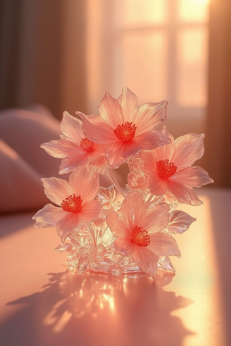 A delicate scene featuring a crystal glass sculpture of a bouquet of flowers, bathed in soft, radiant lighting. The flowers are intricately detailed, with a vibrant and lifelike appearance. The composition is centered, with the flowers arranged in a natural, flowing manner, creating a sense of beauty. The background is softly blurred, focusing attention on the crystal glass figure, which is illuminated from behind, enhancing its translucent quality. The lighting is gentle, casting a warm glow that highlights the intricate details of the sculpture.