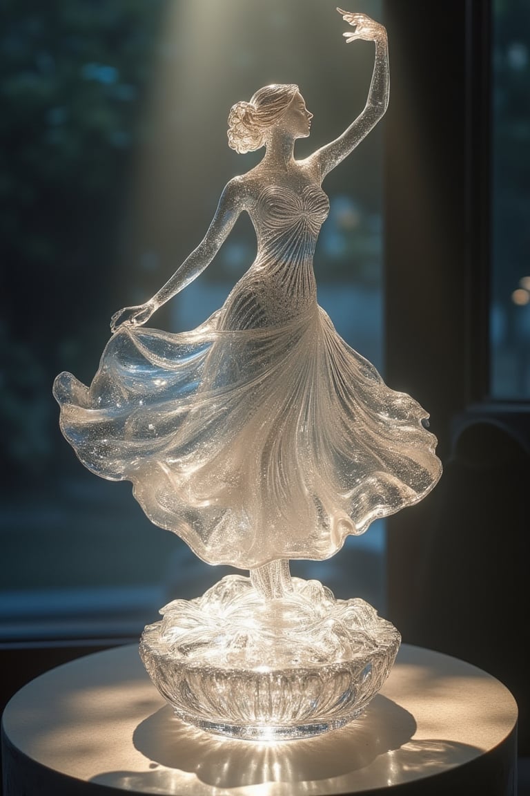 A captivating scene featuring a crystal glass sculpture of a beauty dancing woman, bathed in soft, radiant lighting. The woman is intricately detailed, with a graceful and elegant appearance. The composition is centered, with the woman's body in a flowing dance pose, creating a sense of motion. The background is softly blurred, focusing attention on the crystal glass figure, which is illuminated from behind, enhancing its translucent quality. The lighting is gentle, casting a warm glow that highlights the intricate details of the sculpture.