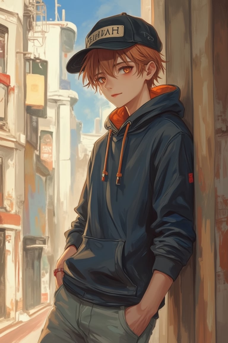 Flat anime Niji style, a handsome boy in casual wear, a cap tilted to the side, medium shot, the boy leaning casually against a wall, soft, warm lighting, relaxed pose, subtle smile, in a modern, urban setting, vibrant yet muted colors, clean and dynamic composition.