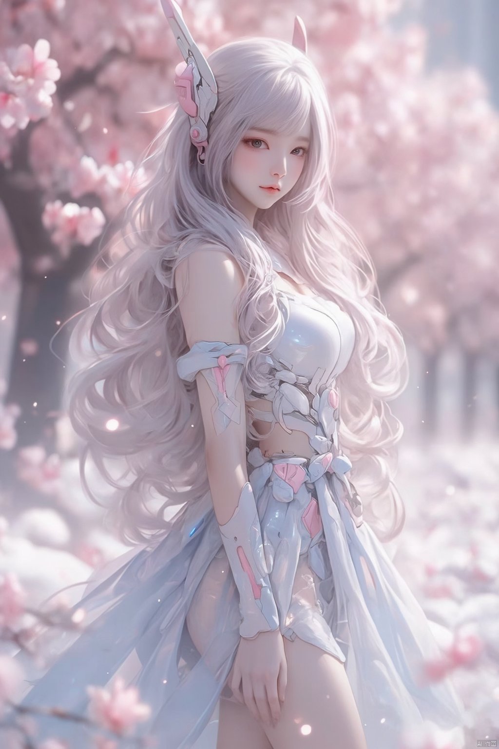 Realistic image, best quality, Korean woman, beautiful face, smooth white skin, age 22, long gray hair, big breasts, beautiful body, standing, snow field, transparent light blue silk dress, cherry blossoms