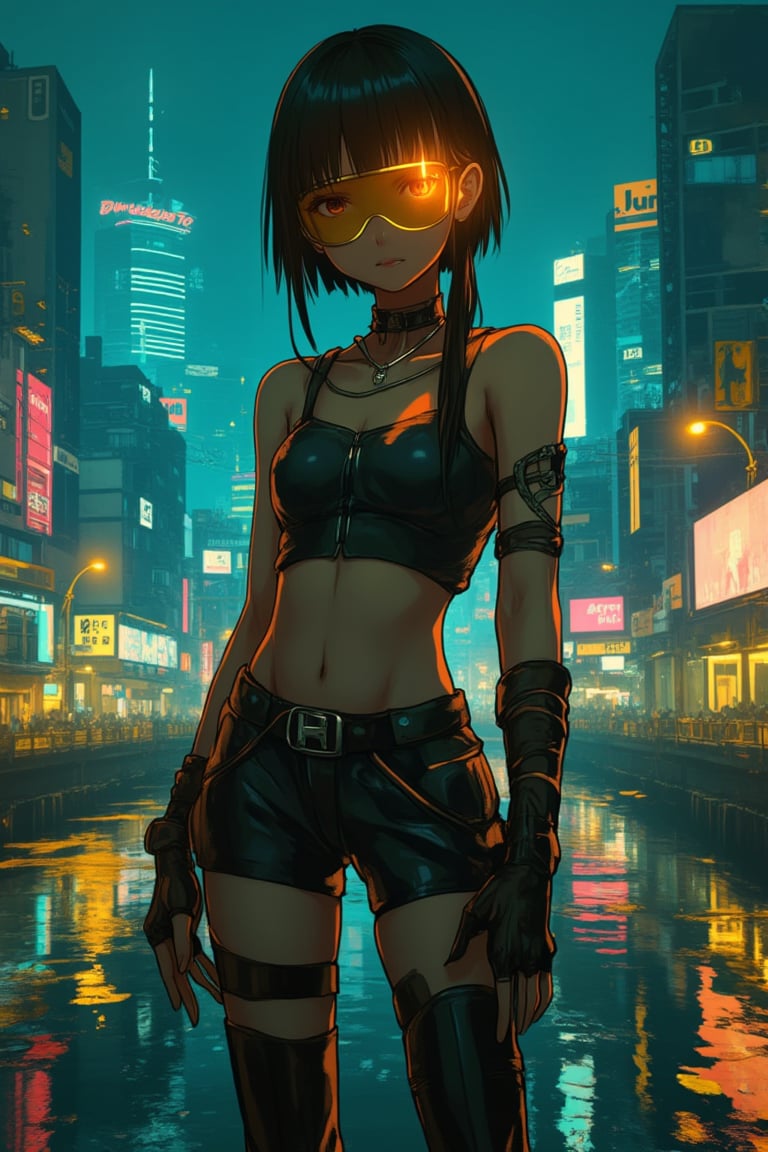 An anime girl in cybernetic clothing, wearing a visor glass, standing in a futuristic city illuminated by yellow neon lights. The scene is framed with a mid-shot, capturing her sleek, high-tech attire and the bustling cityscape behind her. The lighting is a vibrant mix of yellow neon and cool blues, creating a high-contrast, dynamic atmosphere. Her pose is confident, with one hand resting on her hip and the other gesturing towards the city, surrounded by glitch art effects that distort the background and her visor.