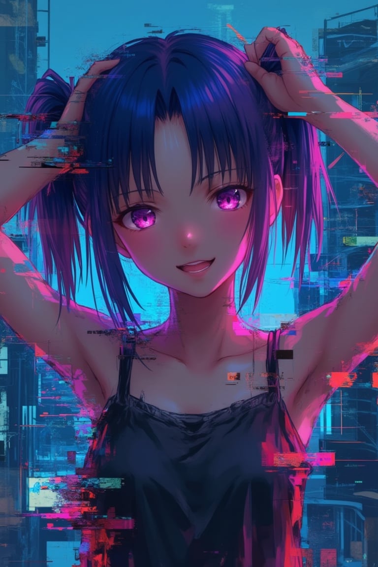 An anime girl with vibrant, glitch art effects distorting her features, standing in a futuristic cityscape. The scene is framed with a close-up shot, focusing on her expressive eyes and animated facial expressions. The lighting is a mix of neon blues and pinks, casting a surreal glow on her face. Her pose is dynamic, with her arms raised in a playful gesture, surrounded by digital artifacts and pixelated distortions.