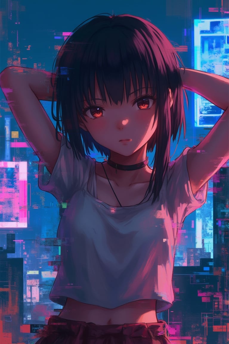 An anime girl with vibrant, glitch art effects distorting her features, standing in a futuristic cityscape. The scene is framed with a close-up shot, focusing on her expressive eyes and animated facial expressions. The lighting is a mix of neon blues and pinks, casting a surreal glow on her face. Her pose is dynamic, with her arms raised in a playful gesture, surrounded by digital artifacts and pixelated distortions.