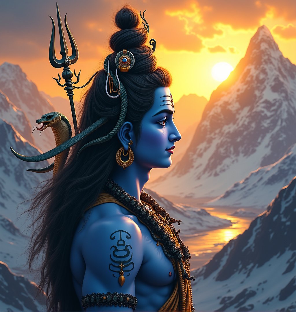 [lord shiva parvati] An awe-inspiring image of Lord Shiva standing atop Mount Kailash, his skin glowing with a deep blue hue symbolizing calmness and infinity. In one hand, he wields the powerful trident Trishula, representing destruction, protection, and creation, while in the other he holds a vessel of Amrita, the nectar of immortality. A serpent, Naga, coils around his neck, and his third eye on his forehead is open, radiating immense power and knowledge. From his matted hair flows the sacred river Ganges. The scene is bathed in the golden light of the rising sun, reflecting the eternal and cosmic energy.