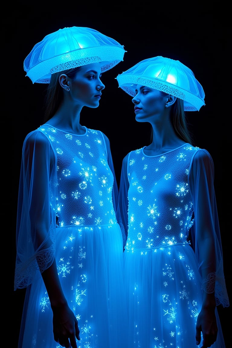 fashion portrait of two womans,  bioluminescent clothing,  Haeckel Inspired by Rebellion A.I. on Tensor.Art