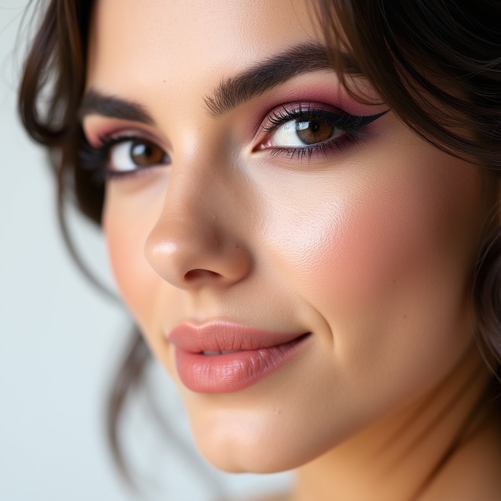 Close up studio shot of beautiful woman with eyeliner and burgundy eye makeup, closeup on eyes, white background, beauty photography, beauty magazine cover style, high resolution photography, hyper-detailed,



