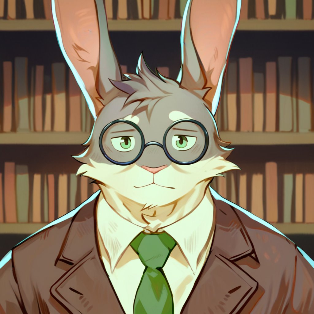 oslomanl, lagomorph, leporid, mammal, rabbit, anthro, brown clothing, brown topwear, cheek tuft, clothed, clothing, detailed background, eyewear, facial tuft, front view, fur, glasses, glistening, glistening eyes, green eyes, green necktie, grey body, grey fur, head tuft, inside, library, looking at viewer, male, mouth closed, necktie, pink nose, round glasses, solo, topwear, tuft, white body, white clothing, white fur, white topwear, score_9, score_8_up, score_7_up, score_6_up, score_5_up, score_4_up