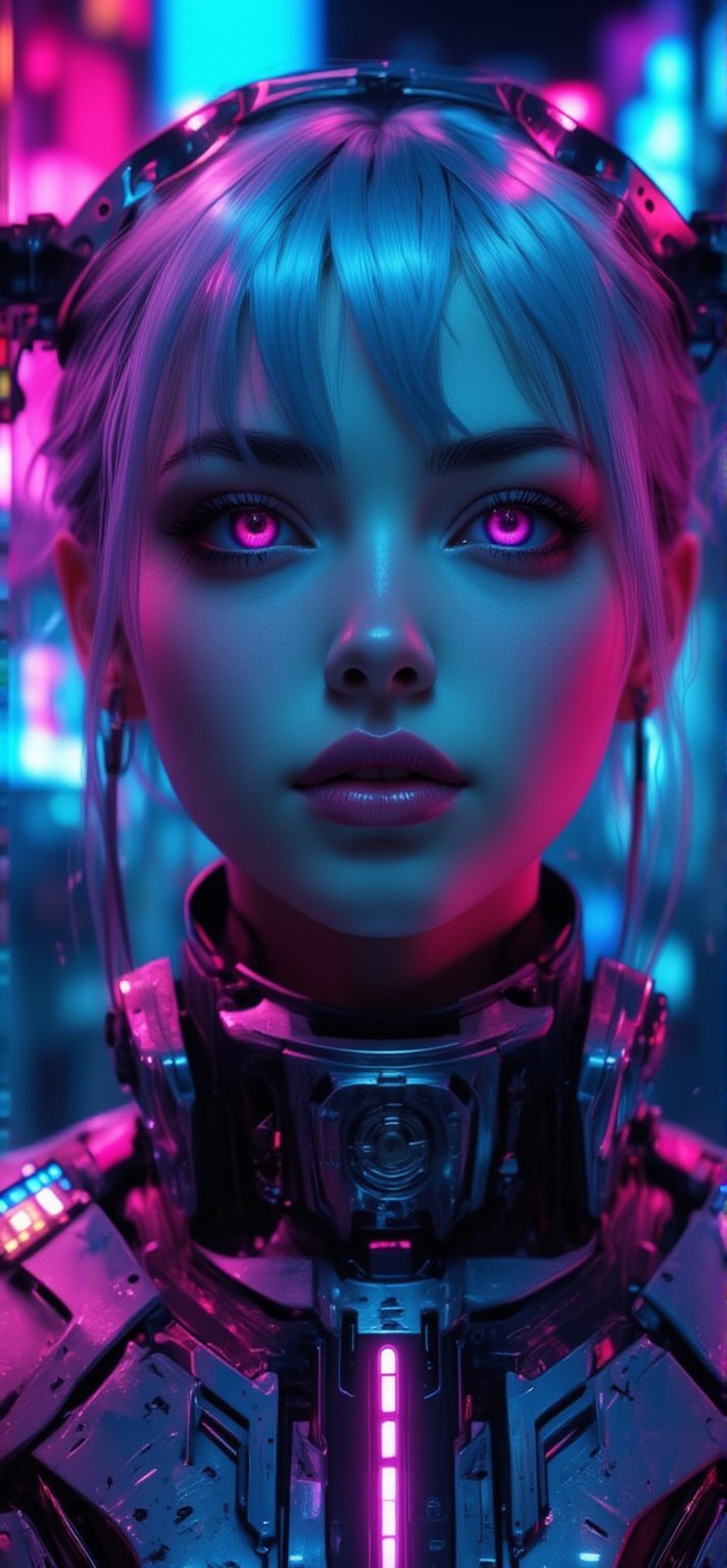 A portrait of a woman with pale skin, illuminated by neon lighting that casts vibrant cyberpunk hues across her face. Her light blue hair is styled with soft bangs framing her forehead, appearing slightly messy and tousled, with straight bangs partially covering the forehead. The left side of her face is bathed in electric blue light, while the right side is bathed in magenta light, creating high contrast and dramatic shadows. She has striking, wide-open eyes with vivid pink iris and dark pupils, enhanced by thick, dark eyelashes and subtle makeup. A prominent silver septum ring adorns her nose, while a small silver ear accessory with multiple piercing holes is visible. Her lips are slightly parted, revealing a hint of teeth, and appear glossy with a subtle pink hue. An intricate metallic collar encircles her neck, featuring a futuristic design with multiple layers of dark gray and metallic hues, including a large buckle-like mechanism and embedded white rectangular lights. The collar's base features a series of small white rectangular LED lights, adding to its advanced appearance. Multiple cables and wires are intertwined around her neck and upper chest, extending outward and connecting to her skin. The background is dark and blurred, ensuring all focus remains on the subject's face and upper body. Her skin texture is smooth with subtle scars or marks streaking diagonally across her cheeks and neck, adding to the cyberpunk aesthetic. The overall mood is intense, futuristic, and edgy, with the high contrast and saturation of neon colors enhancing the cyberpunk theme. The lighting is low-key, emphasizing the contours of her face and the details of her accessories, creating a visually striking and otherworldly effect., neon ambiance, abstract black oil, gear mecha, detailed acrylic, grunge, intricate complexity, rendered in unreal engine, photorealistic
,NIjiV1_FLUX,REALNIME,illustr3alFlux