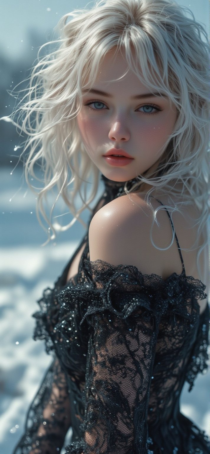 (((masterpiece))),best quality,illustration,4k wallpaper,movie lighting,absurd,1 girl,(snow,ice),snow flower,in winter,white hair,shiny hair,curls,силиконовая clothes,bikini,frills,lace,wet clothes,leave_Shoulder,hair tie,masterpiece,telephoto lens,absurd,Exquisite face,features,natural light,soft light,(Seven-part combination),epic,Dreamy and magical,mystery,NIjiV1_FLUX,REALNIME,Midjourney_Whisper,tronggg