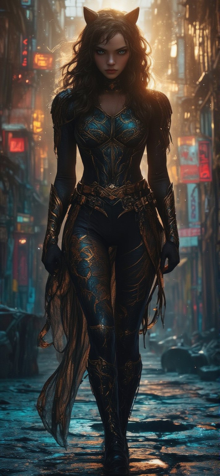 (((3/4 figure))) of (((the walking female))) dressed as the iconic BLACK PANTHER, her distinctive features and tattoos making her easily recognizable and exuding an air of mystery and allure. The (((full body is visible))), with intricate details that capture every subtle detail of her large, piercing bright eyes and their surroundings. Her (((skin is dark and adorned with colorful tattoos))), enhancing her otherworldly beauty. The scene is backlit, with a (((soft, diffused soft lighting))), emphasizing her silhouette and creating a (((cinematic, high-quality photograph))) that is truly breathtaking
,NIjiV1_FLUX,REALNIME,illustr3alFlux