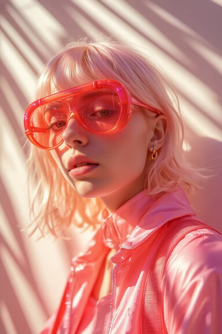 Fashion portrait photography, close-up of a white-haired model wearing futuristic red glasses and a pink outfit with neon details, in warm sunlight against a white background, in a cyberpunk style, shot with a Canon EOS R5 at F2, ISO 30, 89mm, f/4. In the style of an edgy photoshoot, fashion editorial aesthetic, bold yet graceful, with daylight and volumetric lighting, hyper-realistic,Midjourneyart,iphone photo