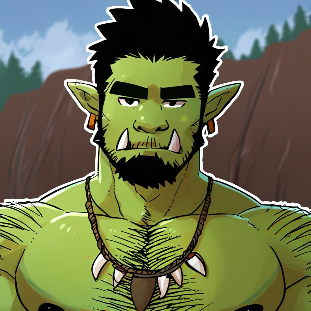 bactover, 1boy, bara, beard, black hair, chest tuft, colored skin, earrings, extra tusks, facial hair, full beard, green skin, head tilt, jewelry, large pectorals, male focus, mature male, monster boy, muscular, muscular male, necklace, orc, outdoors, pectorals, pointy ears, short hair, solo, thick beard, thick chest hair, tooth necklace, tribal, tsurime, tusks, score_9, score_8_up, score_7_up, score_6_up, score_5_up, score_4_up