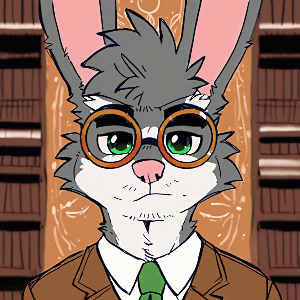 bactover, lagomorph, leporid, mammal, rabbit, anthro, brown clothing, brown topwear, cheek tuft, clothed, clothing, detailed background, eyewear, facial tuft, front view, fur, glasses, glistening, glistening eyes, green eyes, green necktie, grey body, grey fur, head tuft, inside, library, looking at viewer, male, mouth closed, necktie, pink nose, round glasses, solo, topwear, tuft, white body, white clothing, white fur, white topwear, score_9, score_8_up, score_7_up, score_6_up, score_5_up, score_4_up