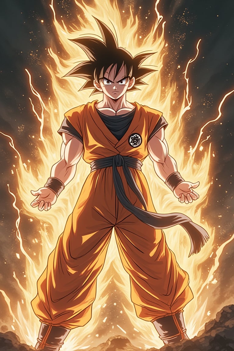 A manga-style anime scene featuring Goku from Dragon Ball in a dynamic action pose, harnessing the power of qi. Goku is shown mid-transformation, with his hair standing on end and his muscles bulging. The background is filled with energy waves and sparks, creating a vibrant and explosive atmosphere. The lighting is intense, with bright highlights and deep shadows, emphasizing the power of his qi. Goku's expression is focused and determined, his pose exuding strength and energy. The composition captures the moment of transformation, with the energy waves and Goku's powerful stance adding to the sense of action and power. The overall atmosphere is electrifying and awe-inspiring, highlighting Goku's legendary strength.