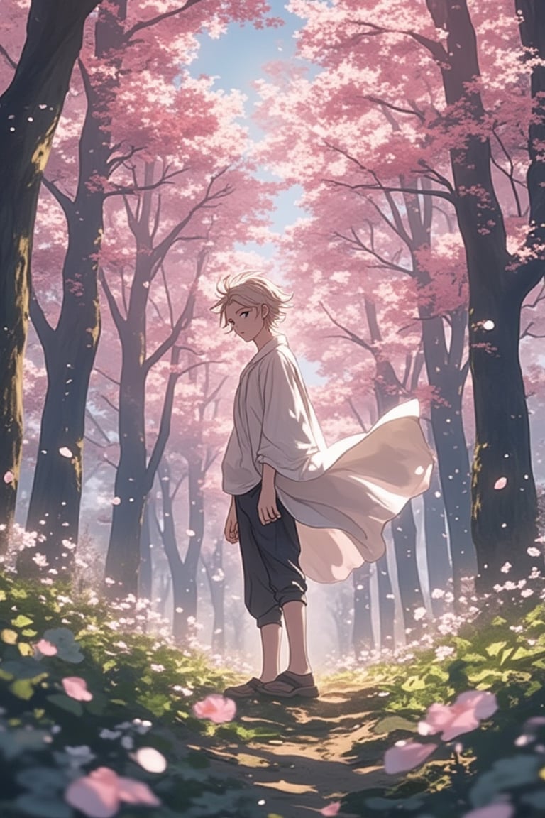 A manga-style anime scene featuring a young boy standing in a forest with a strong wind blowing, cherry blossoms (sakura) fluttering around him. The background is filled with tall trees and blooming sakura trees, creating a vibrant and dynamic atmosphere. The boy has a determined expression, his hair and clothes billowing in the wind. The lighting is soft and natural, with a focus on the pink and green hues of the sakura and forest. The composition is centered on the boy, with the sakura petals adding movement and depth.