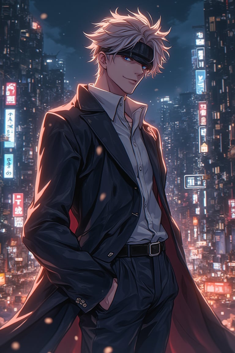 A manga-style anime scene featuring Gojo Satoru from Jujutsu Kaisen, standing confidently in a dynamic pose. The background is filled with a vibrant urban landscape, with tall buildings and neon lights. Gojo's signature blindfold is visible, and his hair is styled in its iconic way. The lighting is dramatic, with strong contrasts between light and shadow, highlighting his powerful presence. The composition is centered on Gojo, with the cityscape adding depth and context. The overall atmosphere is intense and action-packed, capturing the essence of his character.