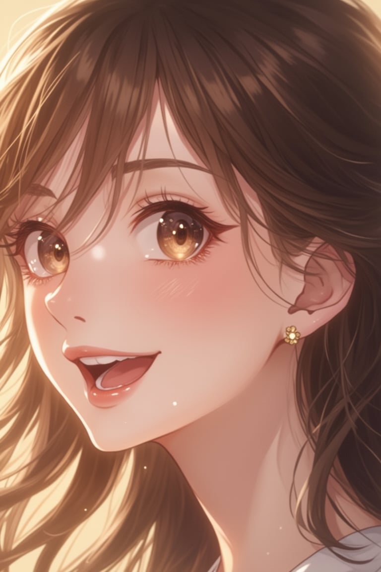 A manga-style anime portrait of a close-up face of a cute girl with glossy lips and brown hair blowing in the wind. Her expression is cheeky, with a playful smile and sparkling eyes. The lighting is soft and highlights her smooth skin and glossy lips, creating a vibrant and youthful appearance. The composition is focused on her face, with the wind-swept hair adding a dynamic and lively touch. The overall atmosphere is charming and endearing, capturing her playful and cute demeanor.