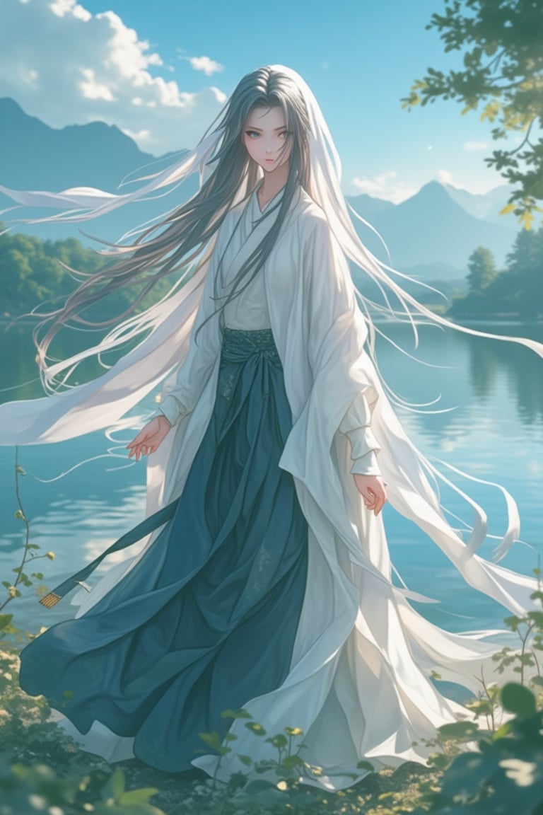 A manga-style anime scene featuring a hanfu-clad warrior girl standing by a serene lake with a strong wind blowing. Her elegant hanfu billows in the wind, and her veil flutters gracefully around her face. The background showcases a tranquil lake surrounded by lush greenery and distant mountains. The lighting is soft and natural, with a focus on the blue and green hues of the water and foliage. The warrior girl has a determined yet serene expression, her pose exuding both strength and grace. The composition is centered on her, with the lake and wind-swept veil adding movement and depth.