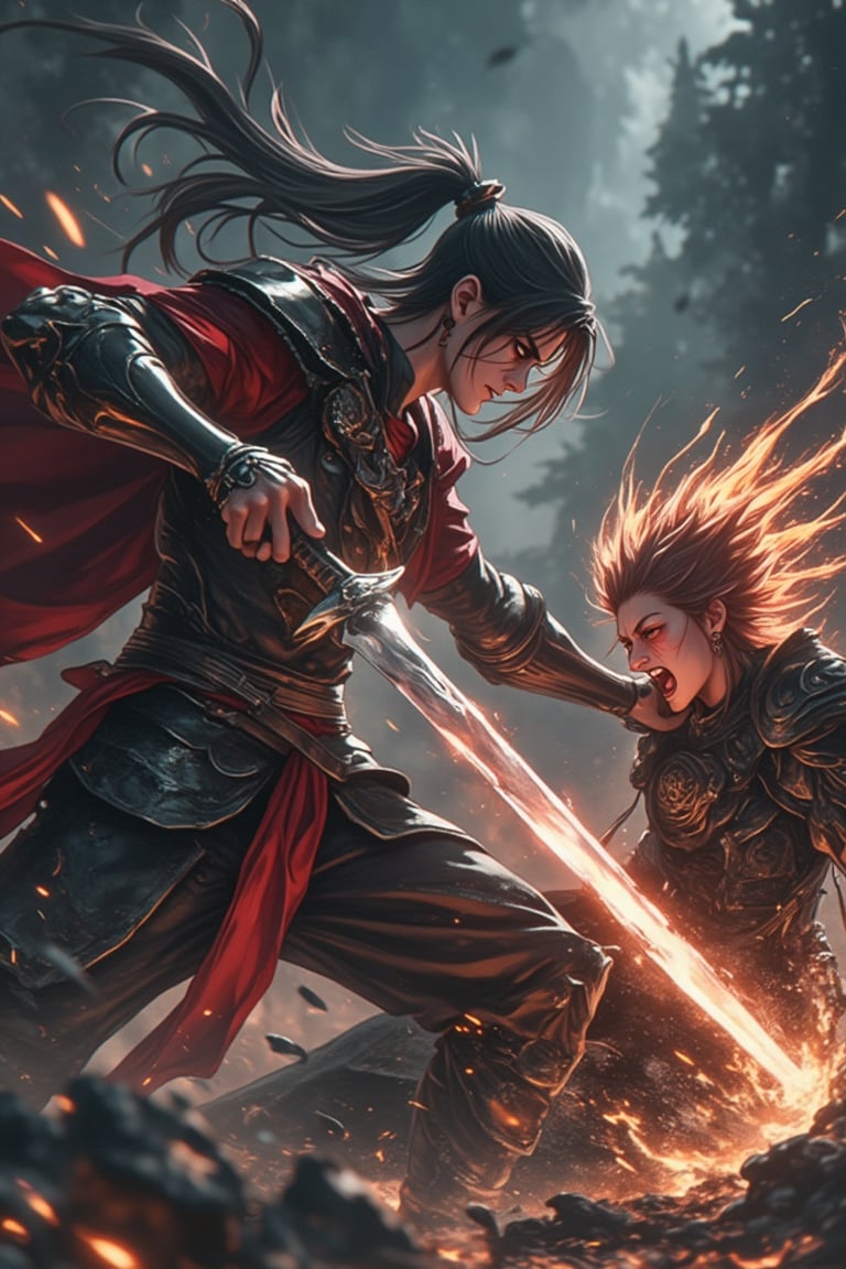 A manga-style anime scene featuring a warrior in action, skillfully defeating a villain in a dynamic and intense battle. The warrior is depicted mid-strike, with a determined expression and powerful stance. The villain is shown recoiling from the attack, their face contorted in shock and pain. The background is filled with dramatic lighting and shadows, emphasizing the high-stakes nature of the fight. The composition captures the moment of impact, with the warrior's weapon and the villain's reaction adding to the sense of action and urgency. The overall atmosphere is intense and thrilling, highlighting the warrior's strength and skill.