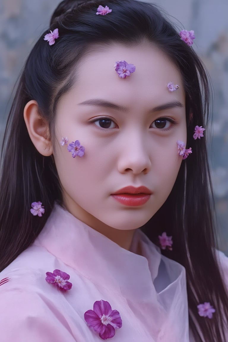 
a head shot of a young Chinese girl covered in white and purple flowers, in the style of cyberpunk realism, charming realism, exaggerated facial features, high resolution, enchanted realism, pale palette,PTAIAsianbeauty, HKBT_CAKTT