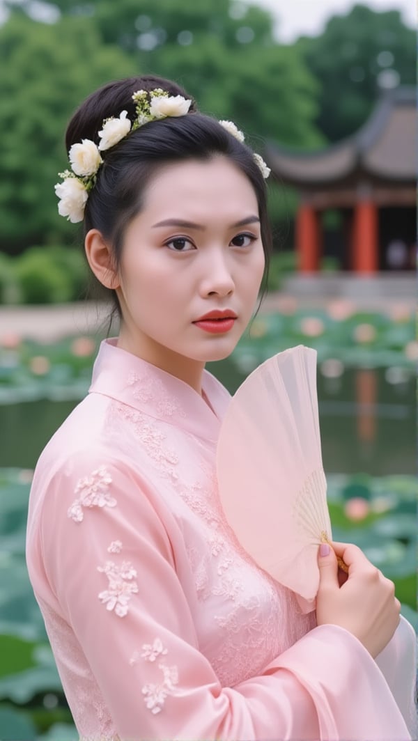 Raw photo, (full body portrait:1.3) of a Asian woman in a light pink silk dress, intricate pattern dress.She is holding a fan, artistic pose. The woman's hair is adorned with white flowers adding a touch of beauty to the scene. The background is natural with chinese temple and lotus lake, HKBT_CAKTT