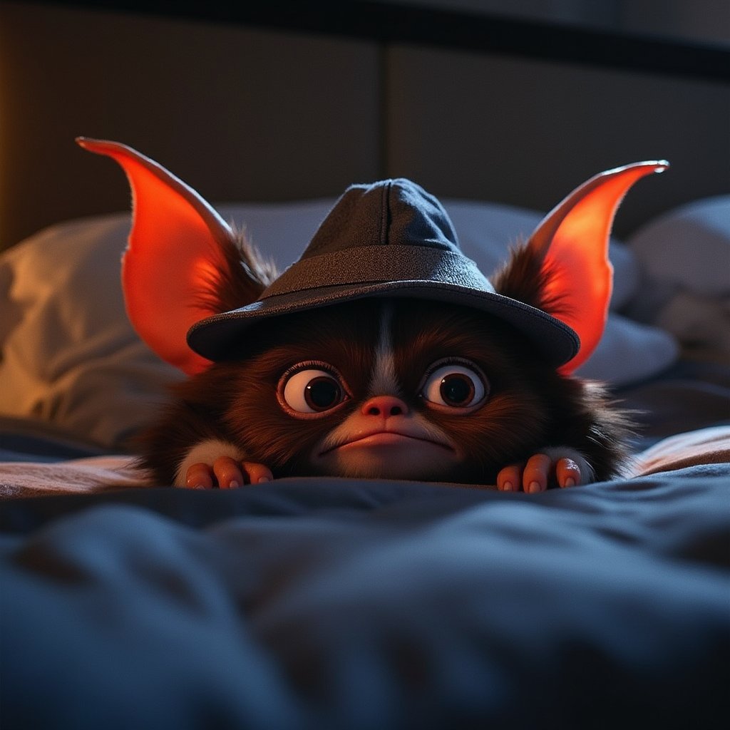 Cinematic, dreamy lighting, soft lighting, full body shot, wide angle, gizmo is hidding under the bed, he's in a hotel, in a darkened room,  and is making a angry face, he's wearing a hat,  ultra realistic, 8k, ultra detailed textures, real photography, 