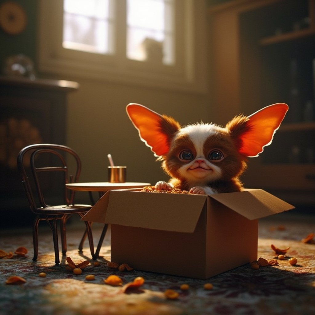 Cinematic, dreamy lighting, front facing view, a candid of gizmo eating cereal inside a box with a small table and small chair, ultra realistic